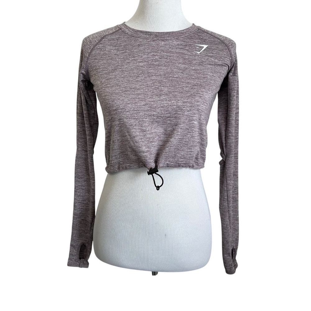 GYMSHARK Womens Long Sleeve Cropped Top Sz XS Heathered Purple Drawstring Hem